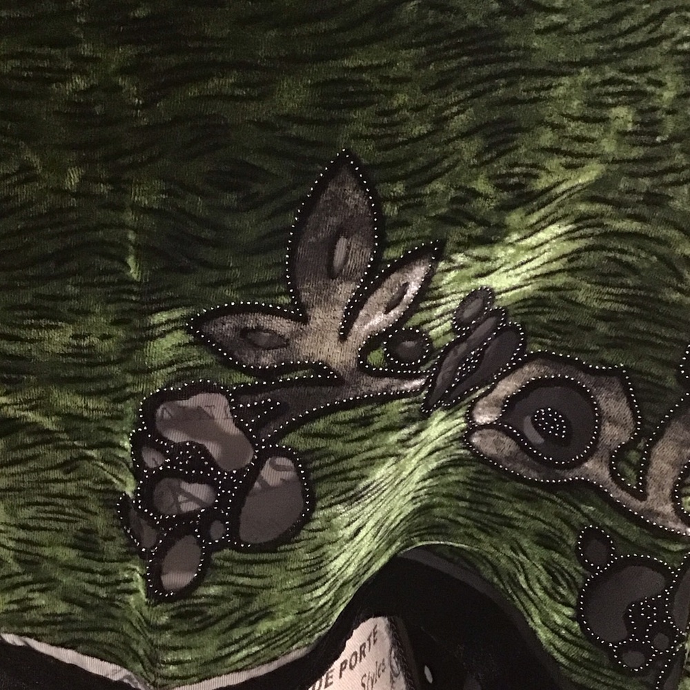 Fashion Scarf Burnout Velvet Green & Black Floral Details Scarf with Fringe - Picture 6 of 15